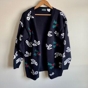 Vintage Cabin Creek Holiday Holly Embroidered Knit Button Cardigan